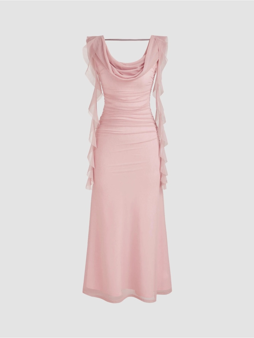 Cowl Neck Ruffled Midi Ruched Dress